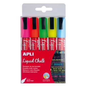 Marcador Giz Liquido Apli 13959 com 5 Sortido(Rosa/Vrm/Vrd/Amrl/Azl) 5,5mm Blister - 1