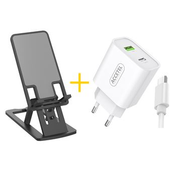 Pack Office Accetel Suporte NE5150 + Cabo Type C + Carregador AC527 para Apple iPhone 16 | 1 X USB + 1 X Type-C | 12W | 2.4A | Preto - 1