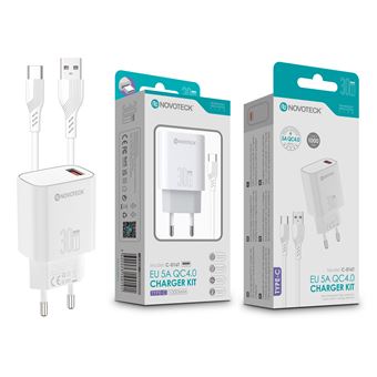 Kit Carregador Rápido NOVOTECK C-016T | QC4.0 | 30W | Inclui Cabo Type-C | Carregamento Ultra-Eficiente | Branco - 1