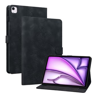 Capa FLOODKING para iPad Air 11 2025/2024 | Couro PU Premium | Design em Relevo de Lírio | Suporte Dobrável | Porta-Caneta | Preto - 1