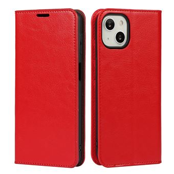 Capa de Couro Dourado Genuíno Textura de cavalo louco com fundo Vermelho para iPhone 13 6.1'' - 1