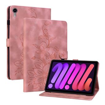 Capa FLOODKING para iPad Mini 6/7 | Couro PU Premium | Design em Relevo de Lírio | Suporte Dobrável | Porta-Caneta | Rosa - 1