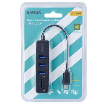 Adptador Sanda SD-2405 | Spliter Type-C para 3x USB + Leitor de cartão SD + TF - Preto - 1