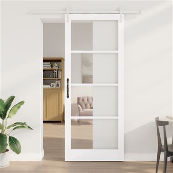 Porta Deslizante com Conjunto de Hardware vidaXL ORKDAL | Madeira Sólida e Vidro Branca - 1