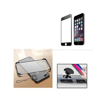 Kit Película de Vidro 5D Full Cover e Capa Naked Bumper com Suporte Magnético Carro Phonecare para iPhone 6 Plus - Preto / Transparente