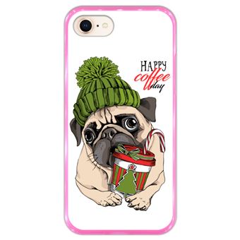 Capa Hapdey para iPhone 7 - 8 Design Pug Happy Coffee Day em Silicone Flexível e TPU Cor-de-Rosa