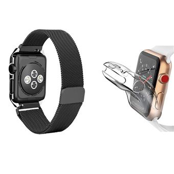 Kit Gift4Me Bracelete Milanese Com Fecho Magnético + Capa Proteção Total para Apple Watch Series 9 - 41mm - Preto / Transparente - 1