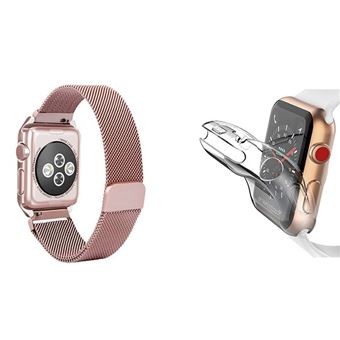 Kit Gift4Me Bracelete Milanese Com Fecho Magnético + Capa Proteção Total para Apple Watch Series 9 - 41mm - Rosa / Transparente - 1
