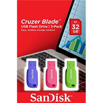 Unidade de Memória Usb SanDisk Cruzer Blade 3x 32GB | Azul, Verde, Rosa - 1