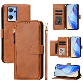Capa FOXDOCK para OPPO Reno 7 5G | Pele PU com Fecho | Porta-Cartões | Alça de Mão | Castanho - 1