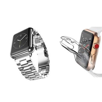 Kit Gift4Me Bracelete de Aço + Ferramenta + Capa Proteção Total para Apple Watch Series 9 - 41mm - Cinza / Transparente - 1