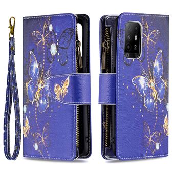 Capa PU + TPU fecho Magnético com Zíper com fundo de borboleta Azul Escuro para Oppo Reno5 Z 5G/F19 Pro + 5G/A94 5G - 1