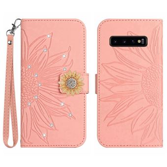 Capa FOXDOCK para Samsung Galaxy S10 Plus | Flip | Porta-Cartões Magnético | Alça Removível | Girassol em Relevo e Diamantes | Rosa - 1