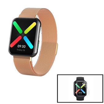Kit Phonecare | Pulseira Bracelete Milanese Loop Fecho Magnético + Película Protectora Ecrã Gel Full Cover para Oppo Watch | 46 mm - Rosa Ouro - 1