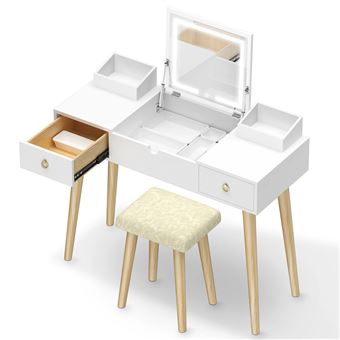 Toucador BIGZZIA com espelho LED retrátil regulável em 3 cores | 2 gavetas | 2 caixas de arrumação | estilo moderno | branco - 1