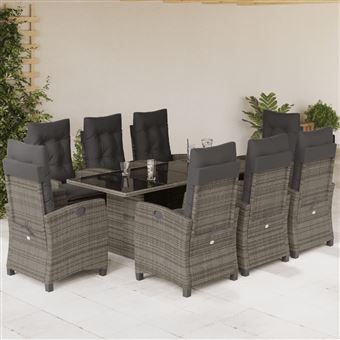 Conjunto de jantar para jardim com almofadões vidaXL | 9 Peças | vime PE cinza - 1