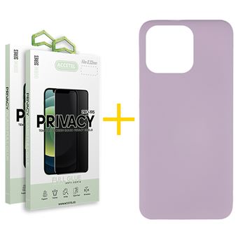 Pack 2 x Película de Vidro Temperado Anti-Spy + Capa Accetel Apple iPhone 14 Pro Max Silicone Líquido - Roxo - 1