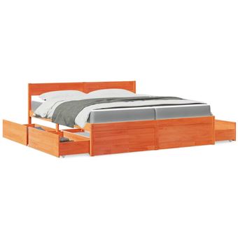 Cama com gavetas e colchão vidaXL | 200x200 cm | pinho maciço castanho-mel - 1