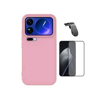Kit Vidro Temperado + Capa Silicone Líquido + Suporte L Phonecare para Xiaomi 17 Pro Max 5G - Rosa - 1