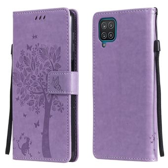 Capa PU + TPU padrão de gato e árvore com fundo Roxo Claro para Samsung Galaxy A12 - 1