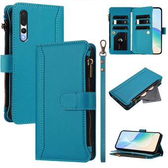 Capa FOXDOCK para Huawei P20 Pro | Pele Premium | 9 Compartimentos para Cartões | Alça de Pulso Amovível - Azul claro - 1