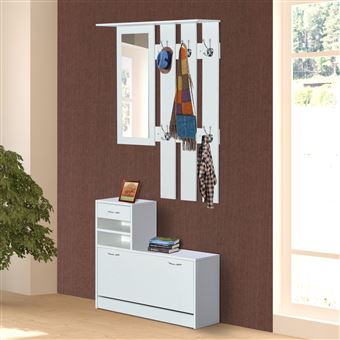 Conjunto de Móveis de Entrada HOMCOM –  Branco –  Bengaleiro com Espelho e Sapateira com Gaveta - 1