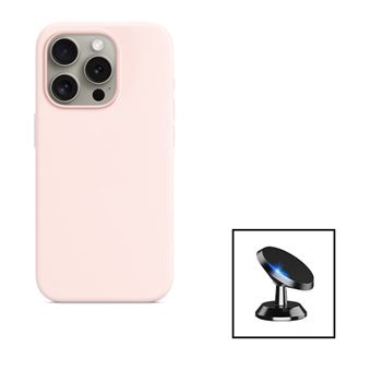Kit Phonecare Suporte Magnético de Carro + Capa Silicone Líquido para Apple iPhone 15 Pro - Rosa - 1
