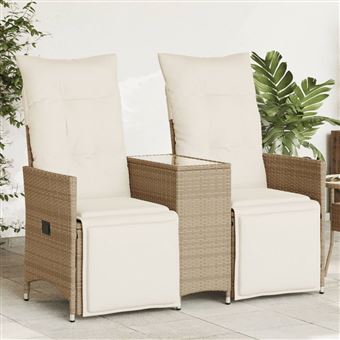 Sofá de jardim vidaXL | reclinável 2 lugares com mesa vime PE bege - 1