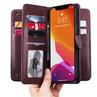 Capa PU + TPU porta-cartões, Anti-queda, com Suporte para Vinho Tinto para iPhone 13 Pro Max 6.7'' - 1