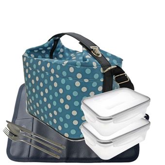 Conjunto Smartlunch Lancheira Cubic Bolas Azul + Duas Caixas de 500 ml + Individual Preto + Talheres - 1