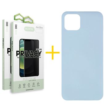Pack 2 x Película de Vidro Temperado Anti-Spy + Capa Accetel para Apple iPhone 12 Silicone Líquido Azul Claro - 1