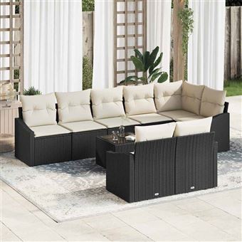 Conjunto de Sofás de Jardim com Almofada vidaXL | 9 Peças | Preto vime PE - 1