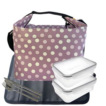 Conjunto Smartlunch Lancheira Cubic Bolas Rosa + Duas Caixas de 500 ml + Individual Preto e Talheres - 1