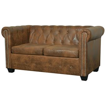 Sofá Chesterfield 2 Lugares Vidaxl Couro Artificial Castanho 145.5x76 cm - 1