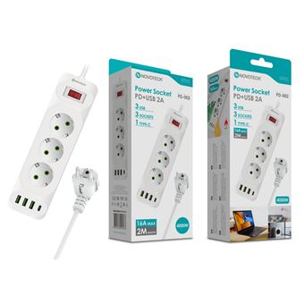 Extensão NOVOTECK | 2m | 3 tomadas | 3 usb 1 type-c PD-002 | 16A - 1