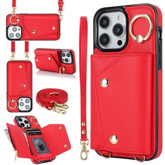 Capa de Couro com Alça de Mão e Correa QT419 V-REEL para iPhone 15 Pro Max - Vermelho - 1