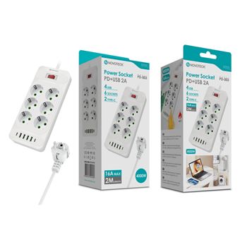 Extensão NOVOTECK | 2m | 6 tomadas | 4 usb 2 type-c PD-002 | 16A - 1