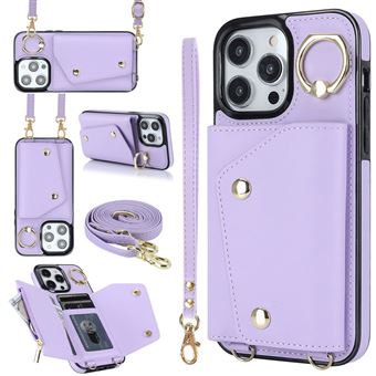 Capa de Couro com Alça de Mão e Correa QT419 V-REEL para iPhone 15 Pro Max - Roxo - 1