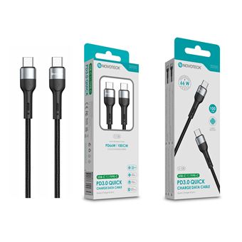 Cabo USB-C para USB-C NOVOTECK S-108 | PD 3.0 Quick Charge | 66W | 100cm | Trançado em Nylon | Negro - 1