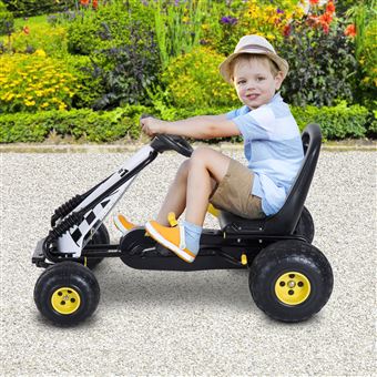 Go Kart HomCom Carro de Pedais Racing Desportivo com Assento Ajustável Embraiagem e Travão 95x66,5x57cm Branco e Preto