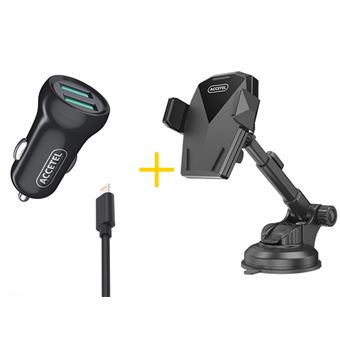 Pack Auto | Suporte Accetel SP129 + Cabo Lightning + Carregador para Apple iPhone 13 Pro Max Accetel CC262 2X USB 2.4A  Preto - 1