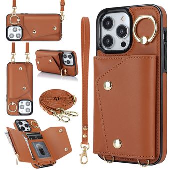 Capa de Couro com Alça de Mão e Correa QT419 V-REEL para iPhone 15 Pro Max - Castanho - 1