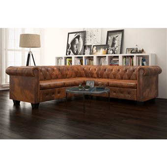 Sofá Chesterfield 5 Lugares Vidaxl Couro Artificial Castanho 205x205 cm - 1