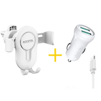 Pack Auto | Suporte Accetel SP118 + Cabo Type C + Carregador para TCL 305 Accetel CC267 2X USB 2.4A - Branco - 1