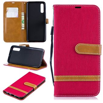 Capa PU Magunivers colorido sortido tecido jeans stand vermelho para Samsung Galaxy A50