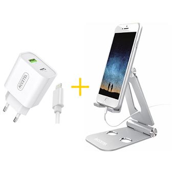 Pack Office Accetel Carregador Duplo USB + Type-C e Cabo Lightning AC523 + Suporte Telemóvel SP113W para iPhone 11 Pro Max - 1