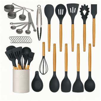 Conjunto Klack 34 Utensílios Cozinha Cinza/Preto | Silicone Antiaderente e Madeira - 1