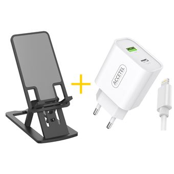 Pack Office | Suporte Accetel NE5150 + Cabo Lightning + Carregador para Apple iPhone 13 Pro Max Accetel AC523 1 X USB + 1 X Type-C | 12W | 2.4A  Preto - 1
