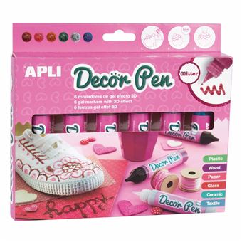 Marcador Decor Pen 3D Purpurina Apli | 6 Cores de 25ml Blister - 1