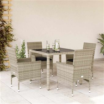 Conjunto de jantar para jardim com almofadões vidaXL | 5 Peças | PE/vidro cinza claro - 1